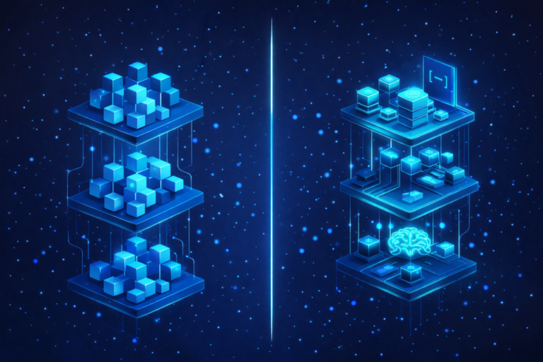 Digital illustration of a modular Retrieval-Augmented Generation architecture with separated ingestion and generation layers.