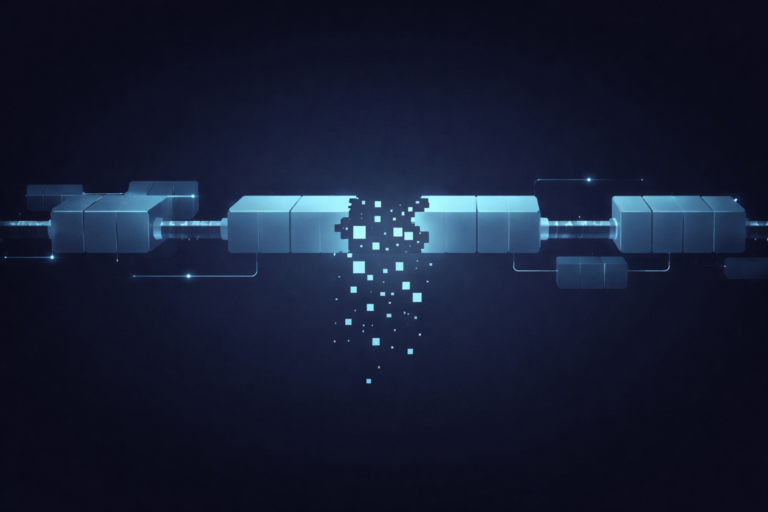 Abstract illustration of a broken data pipeline representing a silent failure in a RAG chunking process