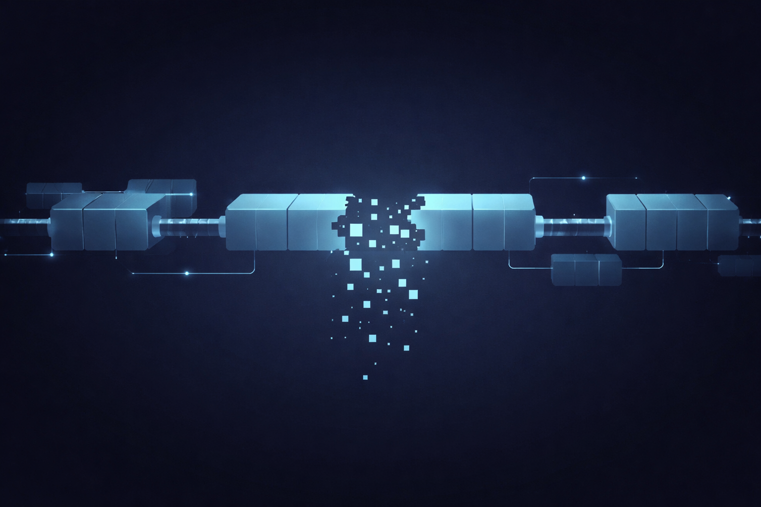 Abstract illustration of a broken data pipeline representing a silent failure in a RAG chunking process