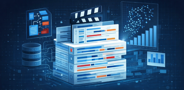 Conceptual illustration of a Retrieval-Augmented Generation system analyzing movie plot data, showing text segmentation, vector database storage, and narrative structure analysis.